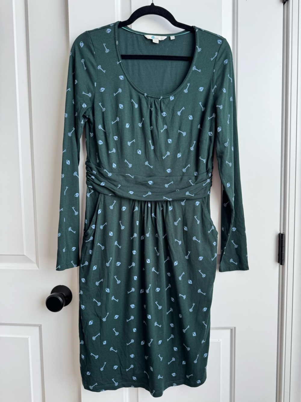 Boden Mabel Green Lock & Key Print Jersey Dress w/ Pockets | 10R
